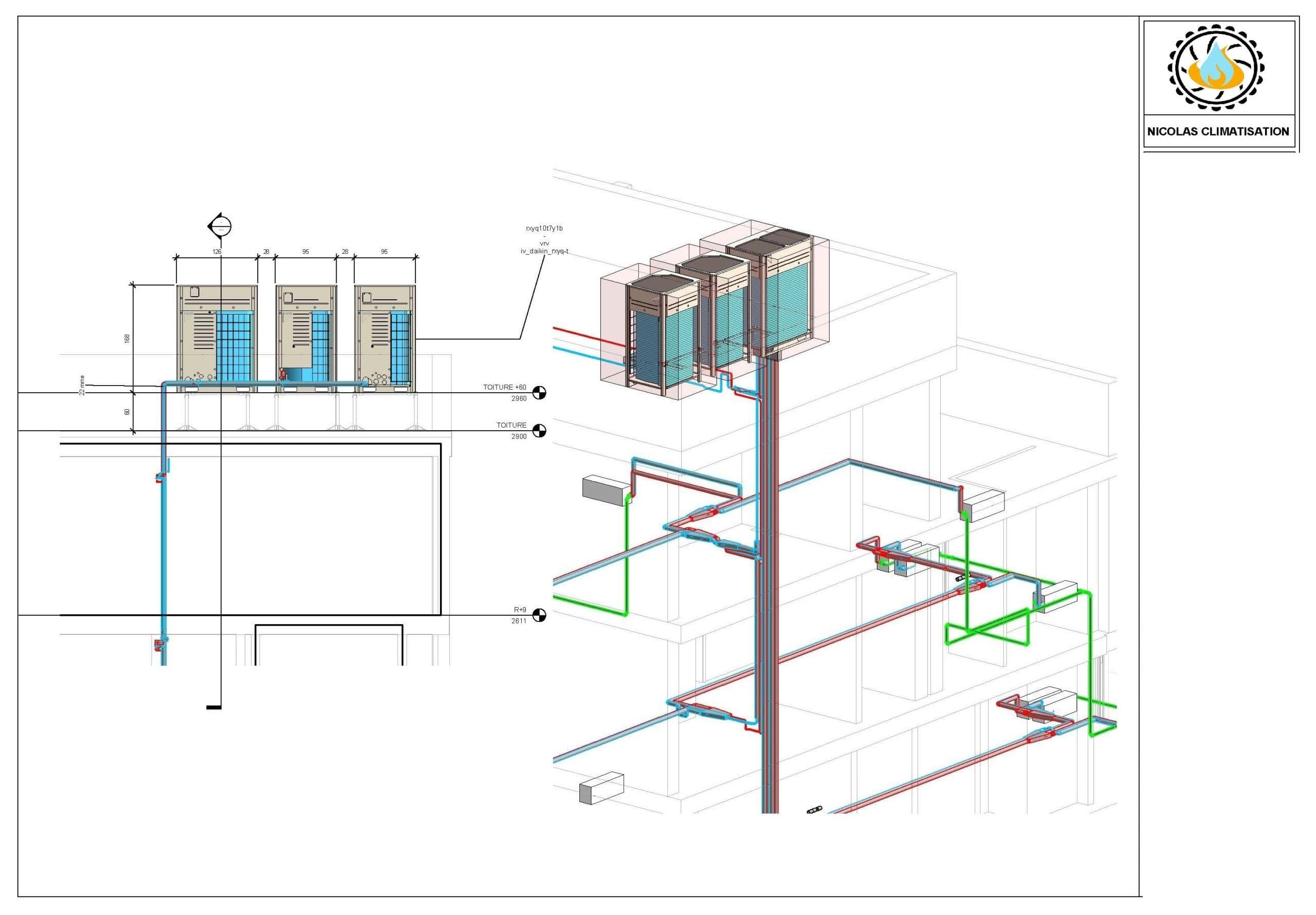 Plan et vue en trois dimensions des réseaux d'une installation de climatisation VRV
